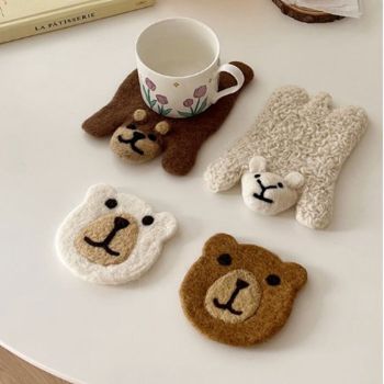 Bear Wool Felt Coaster Cute Soft Insulated Anti Slip Decorative Drink Coaster for Coffee Brown Free Size