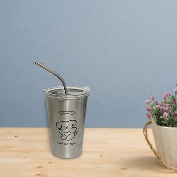 Stainless Steel Cold Tumbler 500ml with Metal Straws Lid Iced Coffee Travel Mug for Coffee Water Tea Loving Dog