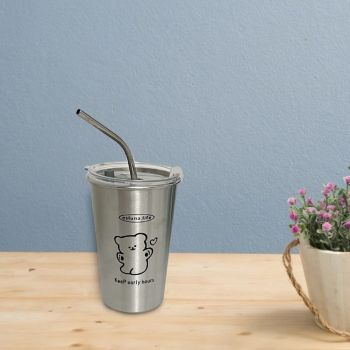 Stainless Steel Cold Tumbler 500ml with Metal Straws Lid Iced Coffee Travel Mug for Coffee Water Tea Happy Bear