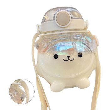 Large Water Bottle 1000ml Cartoon Bear Shape Portable Drinking Bottle with Straw Strap for Summer White