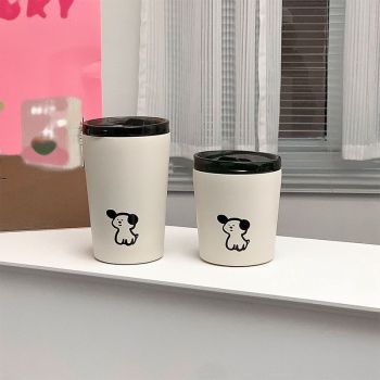 Insulated Cup Vacuum with Lid Frosted Stainless Steel Small Accompanying Thermal for Coffee Water Cute Puppy Pattern 360ml