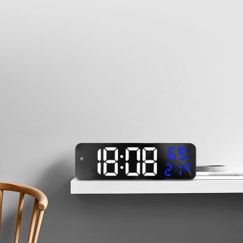 Mirror Large Digital LED Clock Home Electronic Alarm Clock Large Screen Plug in Clock Wall Mounted White and Blue