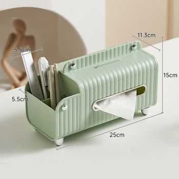 Tissue Box Cover HIPS ABS Multifunctional Desktop Rectangular Napkin Dispenser Holder with Stationery Box for Living Room Bedroom Green
