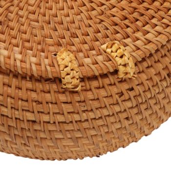 Handwoven Round Rattan Bag Tropical Beach Style Woven Shoulder Rattan Bag with Leather Strap 20cm Diameter Natural Color Oval with Lining