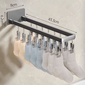 Socks Hanger Wall Mounted Foldable Windproof Zinc Alloy Clip Drying Rack for Underwear Towel 16 Clips (43.3cm/17in)