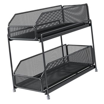 Pull Out Cabinet Organizer 2 Tier Carbon Steel Mesh Large Capacity Easy Maintenance Sliding Basket Drawer Black