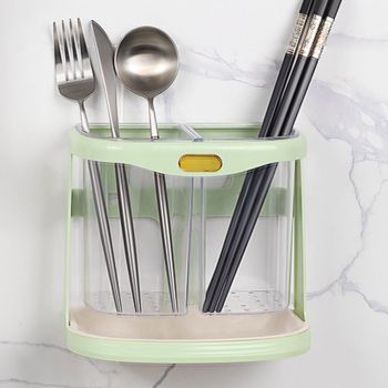 Chopsticks Drain Bucket Wall Mounted Double Compartment Hole Free Chopsticks Tube Basket for Forks Spoon Light Green