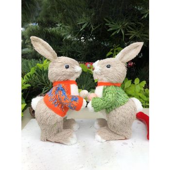 Straw Bunny Couple Cute Vintage Rabbit Ornament Handmade Straw Rabbit Figurine for Home Stage Store Decoration
