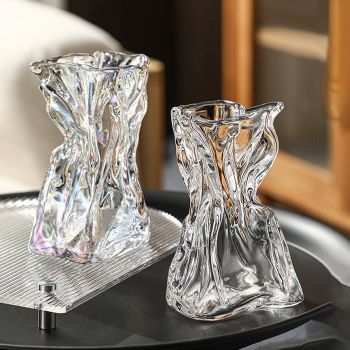 Pleated Glass Vase Light Luxury Hydroponic Vase Living Room Dining Table Dried Flower Vase Flower Arrangement Ornaments