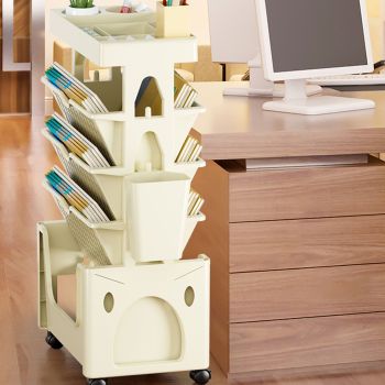 Rolling Mobile Bookshelf with Wheels 5 Tiers Large Capacity Strong Load Bearing Capacity Utility Cart for Study Kitchen Khaki