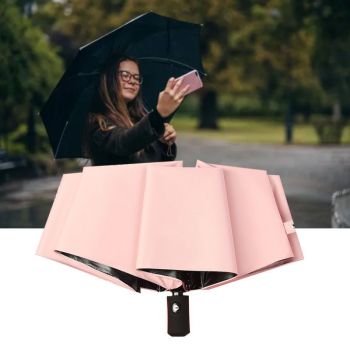 Travel Umbrella Sun Rain 3 Fold 8 Ribs Button Operation Light Weight Umbrella for Women Girl Daily Men Light Pink