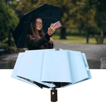Travel Umbrella Sun Rain 3 Fold 8 Ribs Button Operation Light Weight Umbrella for Women Girl Daily Men Light Blue