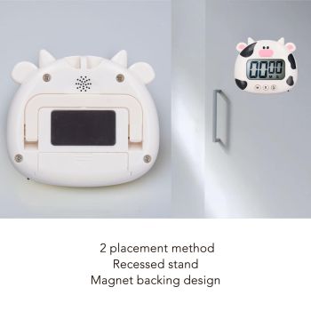 Digital Kitchen Timer Countup Countdown Cartoon Animal Sound Flash Alert Easy Operation with Stand for Cooking Teaching White Cow