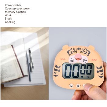 Digital Kitchen Timer Countup Countdown Cartoon Animal Sound Flash Alert Easy Operation with Stand for Cooking Teaching Yellow Tiger