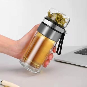 Glass Transparent Tea Bottle Portable Tea Water Bottle Tea and Water Separation Bottle Steel Color