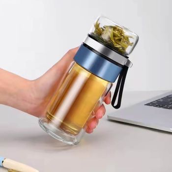 Glass Transparent Tea Bottle Portable Tea Water Bottle Tea and Water Separation Bottle Blue