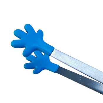 Hand Shape Small Tongs Silicone Tips Blue Stainless Steel Funny Heat Resistant Easy Clean Food Tongs for Ice Fruits