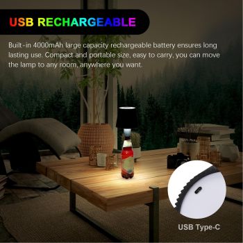 LED Bottle Lamp 4000mAh IP54 Waterproof Touch Control Color Adjustable USB Rechargeable Cordless Wine Bottle Lamp Night Light Black