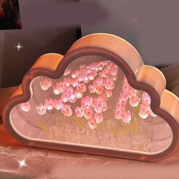 Tulip Cloud Mirror Night Lights 20 Pink Flowers Plastic Built in Batteries DIY Cloud Mirror Tulip Lamp for Birthday Valentine's Day