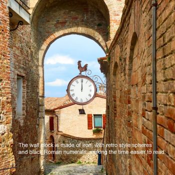 Iron Wrought Wall Clock Rooster Double Sided Antique Brass Wall Clock Round Roman Numeral Wall Clock for Home Garden