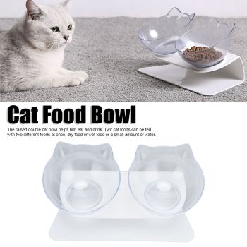 15° Inclined Cat Double Bowl Neck Guard Pet Feeding Bowl for Home Pet Shop Living Room(White Base Transparent Bowl )