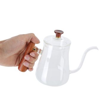 Coffee Kettle Pour Over High Borosilicate Glass Heat Resistant Round Wood Insulated Handle Gooseneck Kettle350ml
