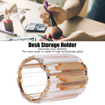 Cosmetic Brush Holder Transparent Glass Round Decorative Desktop Pen Storage Organizer BoxGold