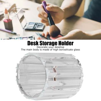 Cosmetic Brush Holder Transparent Glass Round Decorative Desktop Pen Storage Organizer BoxSilver