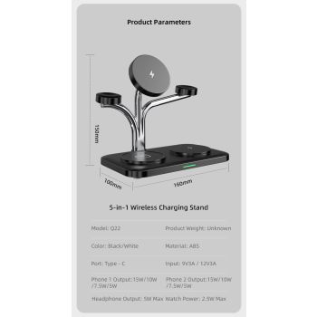 OC22 5-in-1 Wireless Charging Stand Multi Device Fast Charging Dock，white