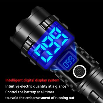 High Lumen LED Flashlight Rechargeable Zoomable Tactical Torch with LCD Power Display Black