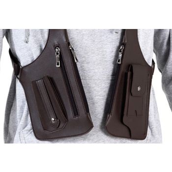 Outdoor Double Shoulder Armpit Bag with Multiple Pockets - Brown