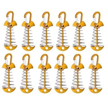 Gold Fishbone Tent Pegs with Carabiner & Rope Tensioner, Outdoor Camping Anchors 12PCS
