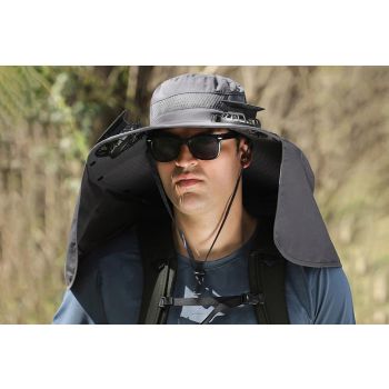 Outdoor Wide Brim Sun Hat With 2 Solar Fans Fishing And Beach Hat With Built In Fan -Dark Grey
