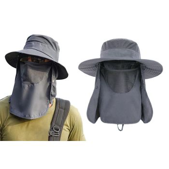 Outdoor Sun Protection Fishing Cap Wide Brim Hat With Neck Flap And Face Cover - Navy Blue