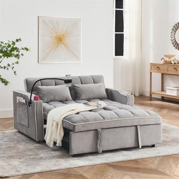 Fashionable Modern and Multi-functional Foldable Velvet Sofa Bed - Light Grey