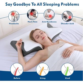 Cervical Neck Pillow for Neck Pain Relief, 2 in 1 Ergonomic Orthopedic Bed Pillow for Sleeping, Memory Foam Pillows for Side, Back & Stomach Sleepers with Removable Pillowcase(Grey)