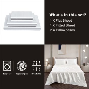Art Silk Satin Sheet Set Hotel 3 Pieces Fitted/Flat Sheet Bedding Set-Luxury Soft Silky Sheets for Hair and Skin, Similar to Silk Bed Sheets Set 3 Pieces(King Single,White)