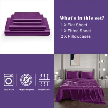 Art Silk Satin Sheet Set Hotel 3 Pieces Fitted/Flat Sheet Bedding Set-Luxury Soft Silky Sheets for Hair and Skin, Similar to Silk Bed Sheets Set 3 Pieces(King Single,Purple)