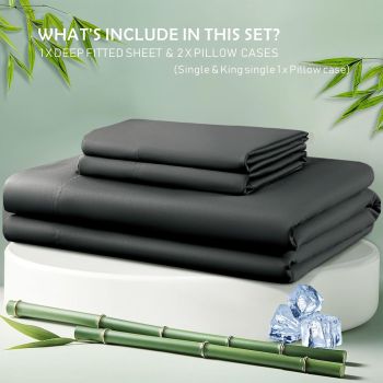 3 Piece Hotel Bamboo Cooling Fitted Sheet Set & Pillowcase -Ultra Soft 2000TC Breathable Fitted Bed Sheets Set with 37 Centimetre Deep Pocket-Cooling Sheets for Hot Sleepers(Black,Double)