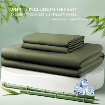 3 Piece Hotel Bamboo Cooling Fitted Sheet Set & Pillowcase -Ultra Soft 2000TC Breathable Fitted Bed Sheets Set with 37 Centimetre Deep Pocket-Cooling Sheets for Hot Sleepers(Olive green,Double)