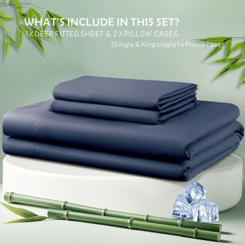 3 Piece Hotel Bamboo Cooling Fitted Sheet Set & Pillowcase -Ultra Soft 2000TC Breathable Fitted Bed Sheets Set with 37 Centimetre Deep Pocket-Cooling Sheets for Hot Sleepers(Navy,King)