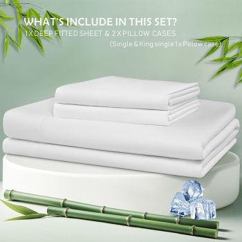 3 Piece Hotel Bamboo Cooling Fitted Sheet Set & Pillowcase -Ultra Soft 2000TC Breathable Fitted Bed Sheets Set with 37 Centimetre Deep Pocket-Cooling Sheets for Hot Sleepers(White,Queen)