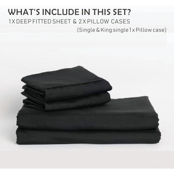3 Piece Fitted Sheet Set- Fitted Sheet & Pillowcases -Breathable Bedding - Wrinkle, Fade, Stain Resistant- 40cm Deep Pocket Fitted Bed Sheet Set(Black,Super King)