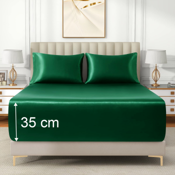 Satin Fitted Sheet Set Hotel 3 Pieces Fitted Sheet with Pillowcase, Art Silk Bedding Set-Luxury Soft Silky Sheets for Hair and Skin, Similar to Silk Fitted Sheets Set 3 Pieces(King,Green)