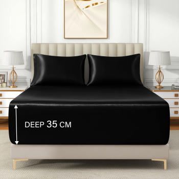 Satin Fitted Sheet Set Hotel 3 Pieces Fitted Sheet with Pillowcase, Art Silk Bedding Set-Luxury Soft Silky Sheets for Hair and Skin, Similar to Silk Fitted Sheets Set 3 Pieces(Queen,Black)