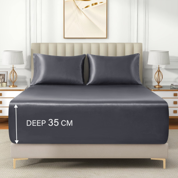 Satin Fitted Sheet Set Hotel 3 Pieces Fitted Sheet with Pillowcase, Art Silk Bedding Set-Luxury Soft Silky Sheets for Hair and Skin, Similar to Silk Fitted Sheets Set 3 Pieces(Super King,Grey)