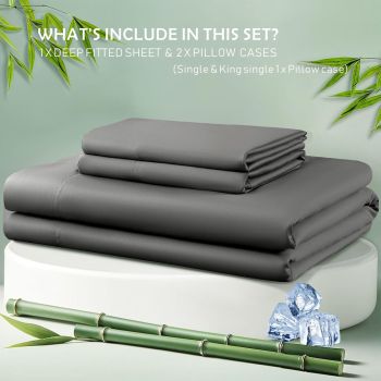 3 Piece Hotel Bamboo Cooling Fitted Sheet Set & Pillowcase -Ultra Soft 2000TC Breathable Fitted Bed Sheets Set with 37 Centimetre Deep Pocket-Cooling Sheets for Hot Sleepers(Grey,King)