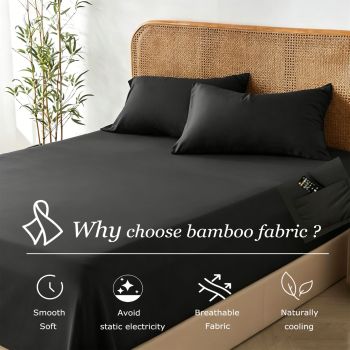 2 Piece Hotel Bamboo Cooling Fitted Sheet Set & Pillowcase -Ultra Soft 2000TC Breathable Fitted Bed Sheets Set with 37 Centimetre Deep Pocket-Cooling Sheets for Hot Sleepers(Black,King Single)