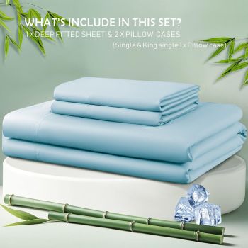 2 Piece Hotel Bamboo Cooling Fitted Sheet Set & Pillowcase -Ultra Soft 2000TC Breathable Fitted Bed Sheets Set with 37 Centimetre Deep Pocket-Cooling Sheets for Hot Sleepers(Sky Blue,King Single)