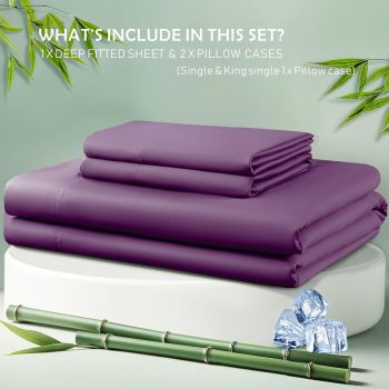 2 Piece Hotel Bamboo Cooling Fitted Sheet Set & Pillowcase -Ultra Soft 2000TC Breathable Fitted Bed Sheets Set with 37 Centimetre Deep Pocket-Cooling Sheets for Hot Sleepers(Purple,King Single)